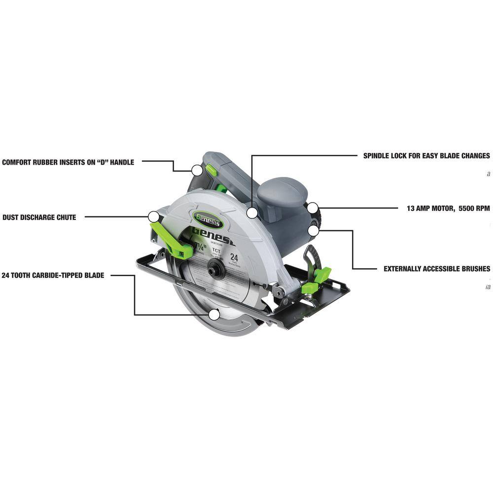 Genesis 13 Amp 7-14 in. Circular Saw with Metal Lower Guard Spindle Lock 24T Blade Rip Guide and Blade Wrench GCS130