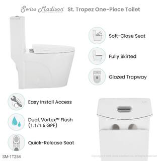 Swiss Madison St. Tropez 1-Piece 1.11.6 GPF Dual Flush Elongated Toilet in Glossy White Seat Included SM-1T254