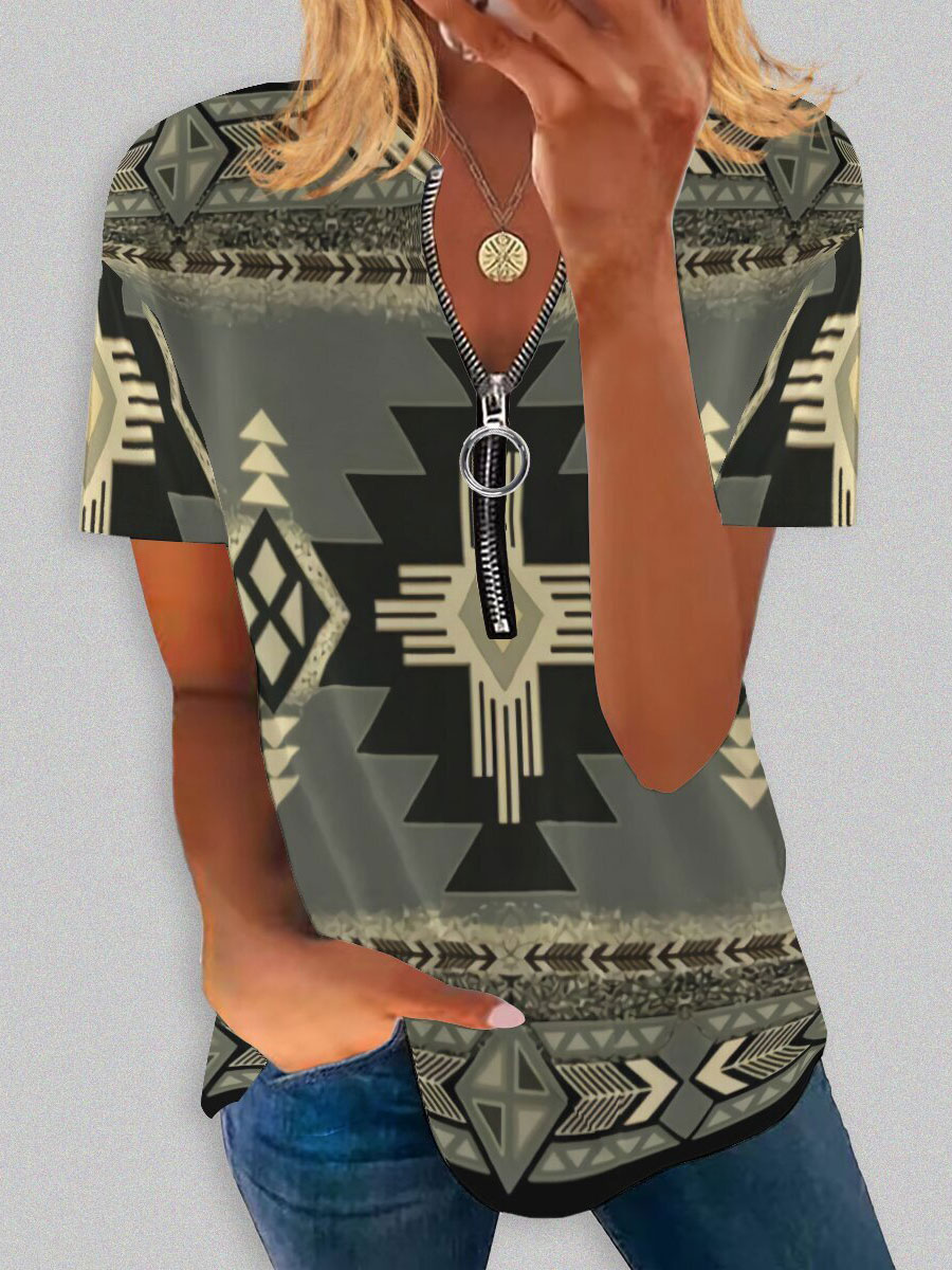 Round Neck Casual Loose Ethnic Geometric Print Short-sleeved T-shirt