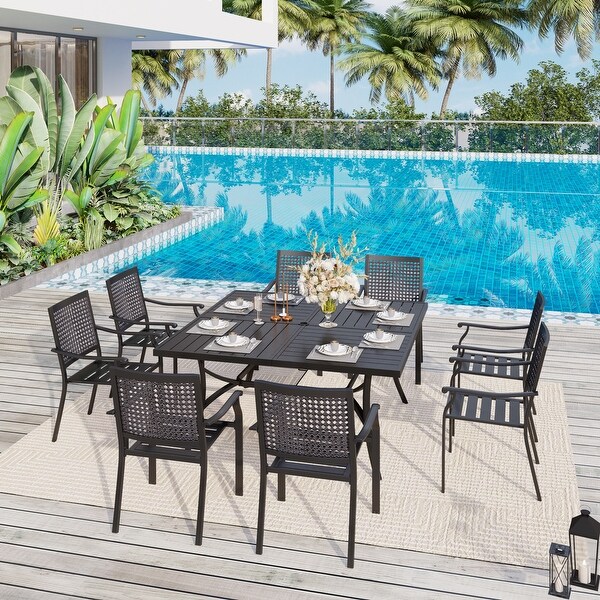 9Piece Patio Dining Set 1 Large Square Metal Table and 8 Stackable Chairs