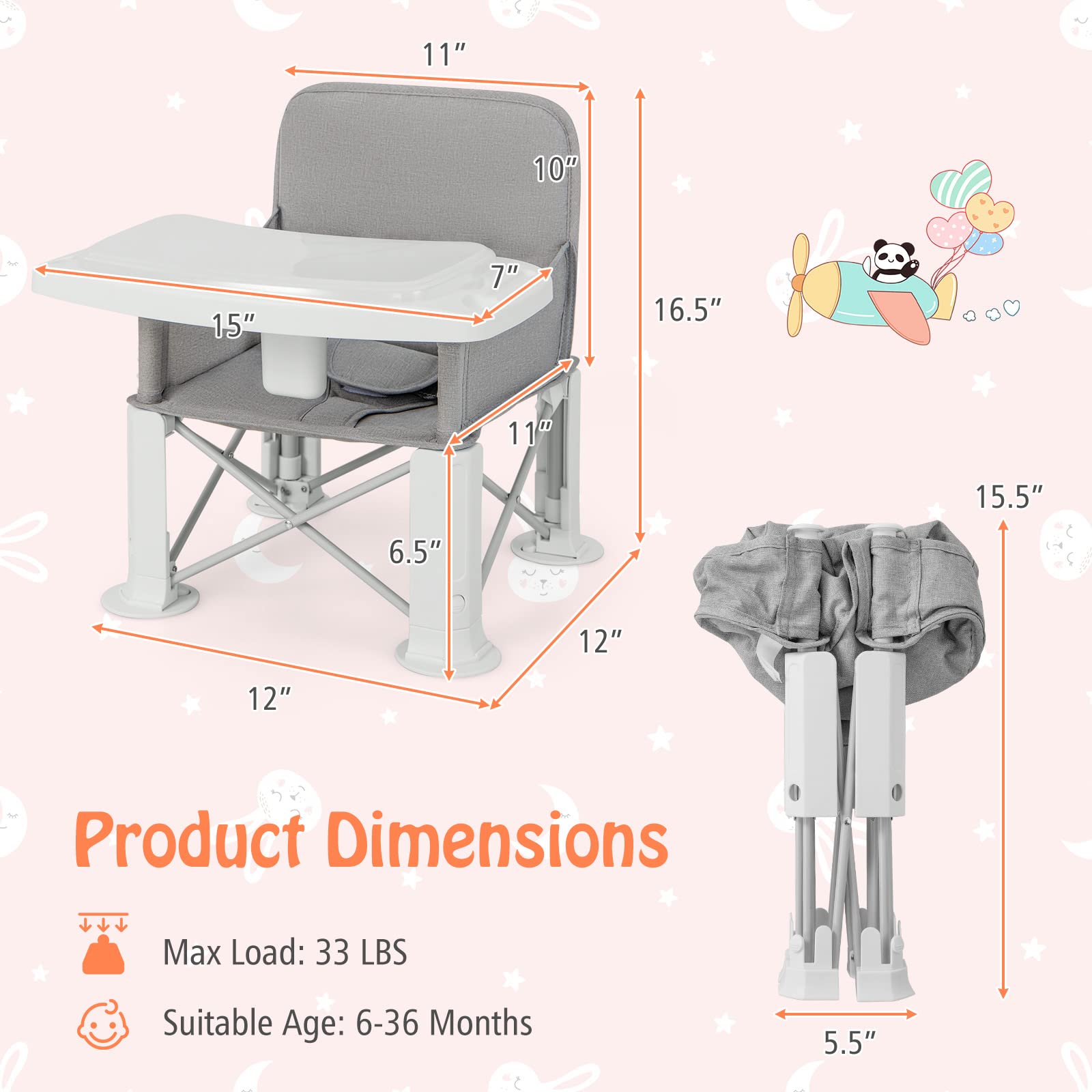 BABY JOY Travel Booster Seat with Double Tray, Folding Portable High Chair Booster Seat for Dining Table