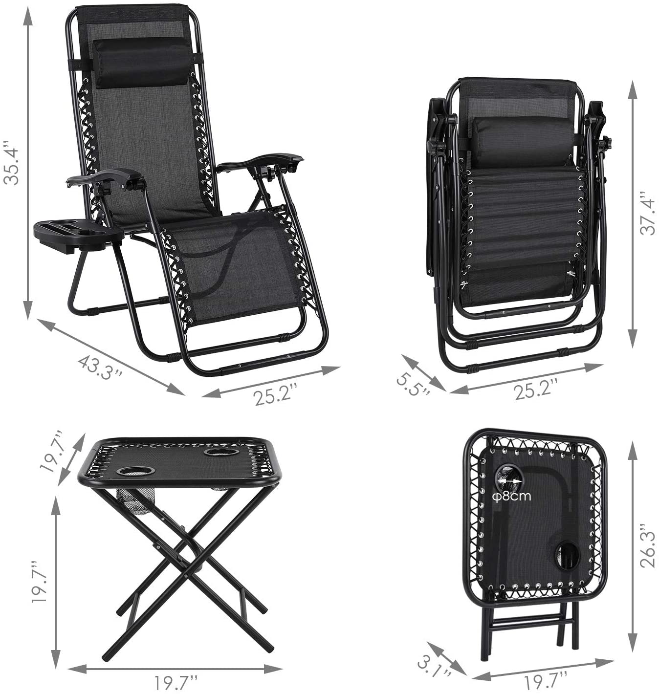 OKVAC 3Pcs Zero Gravity Lounge Chair Folding Recliner with Cup Holder Trays