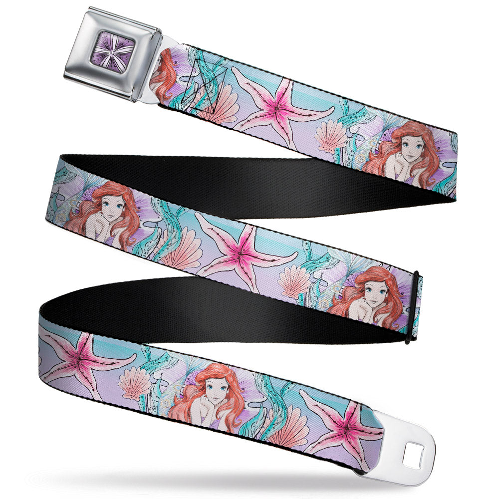 Disney Belt， Seatbelt Buckle Belt， The Little Mermaid Ariel Sketch Pose Shells Kelp Blues Pinks， 24 to 38 Inches