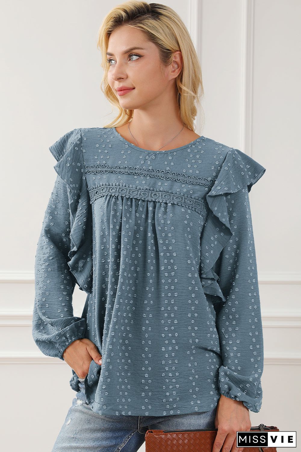 Lace Eyelet Ruffle Shoulder Long Sleeve Blouse