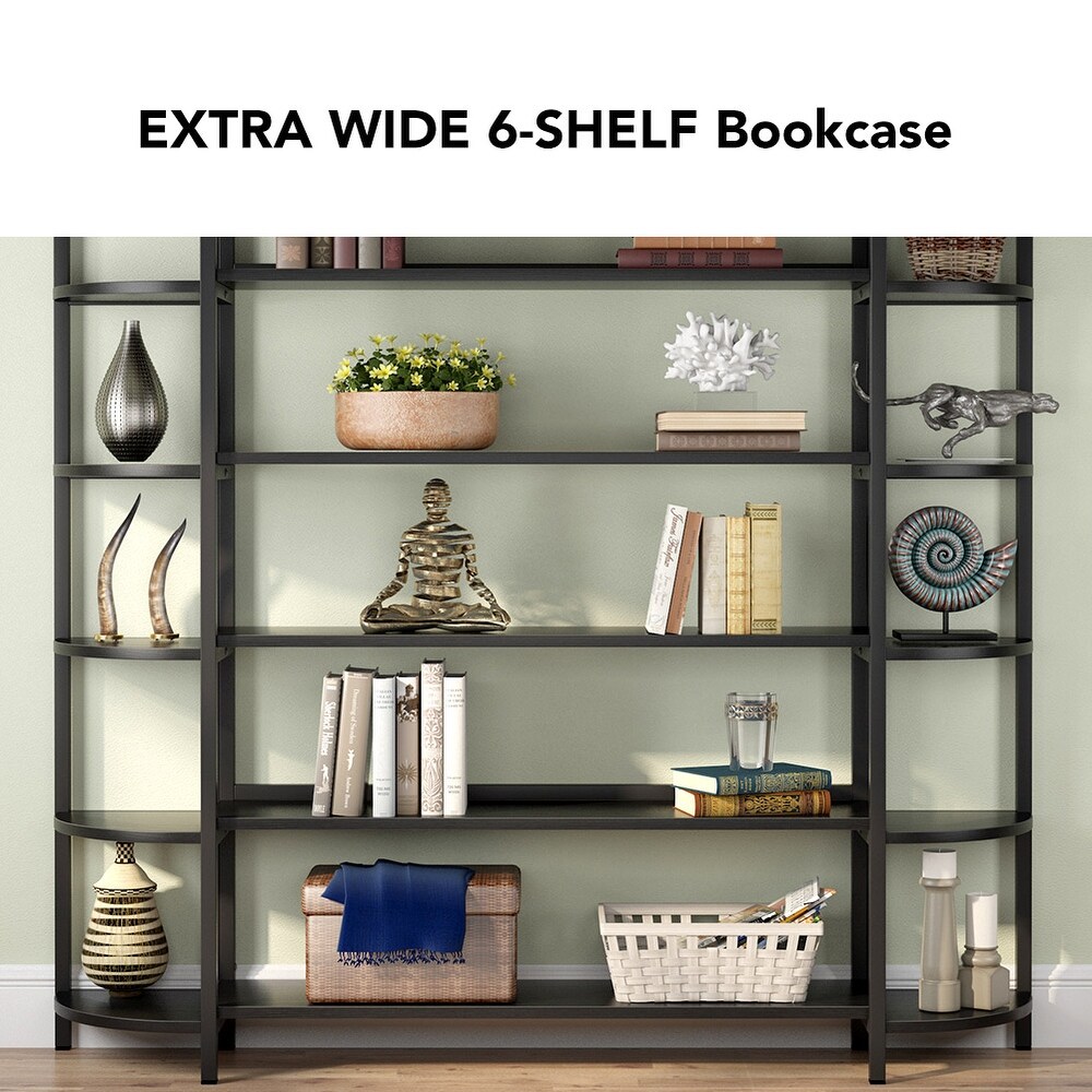 Modern Triple Wide 6 Shelf Bookcase Large Etagere Bookshelves and Double Wide Bookshelf Display Shelves