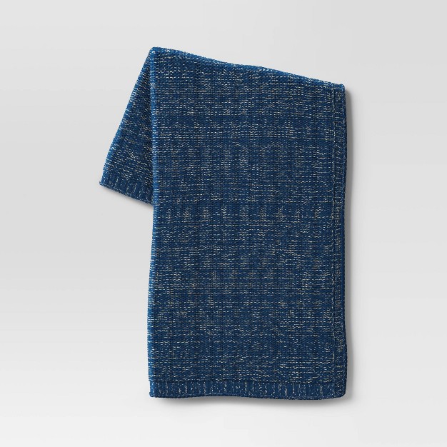 Cozy Metallic Yarn Knit Throw Blanket Navy Blue