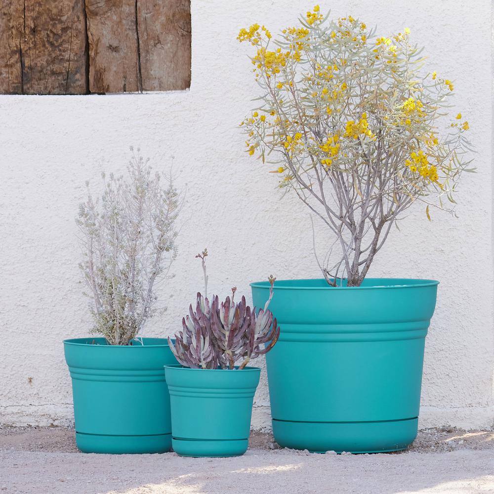 Bloem Saturn 12 in. Bermuda Teal Plastic Planter with Saucer SP1226