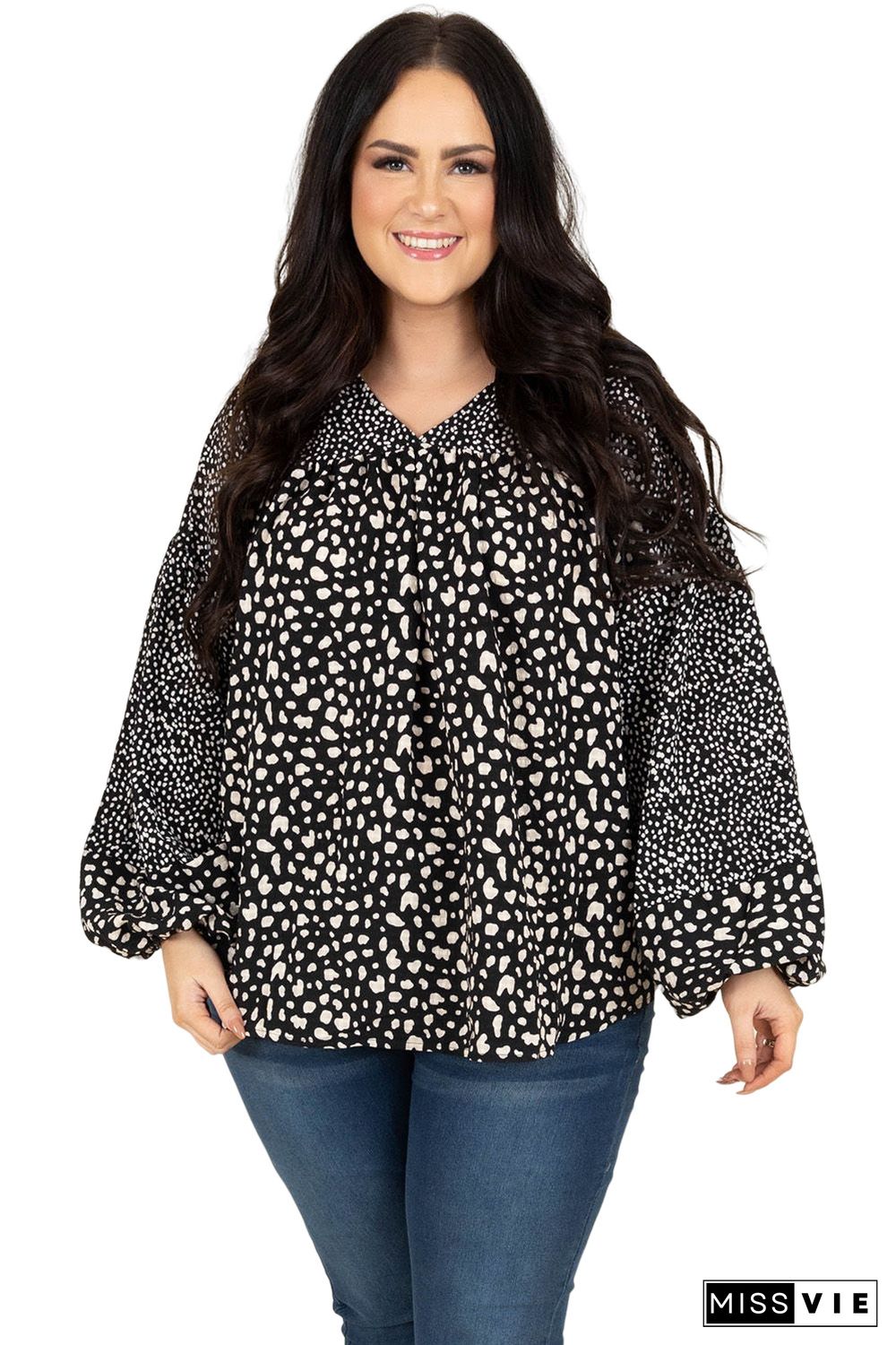 Black V Neck Cheetah Mixed Print Plus Size Blouse