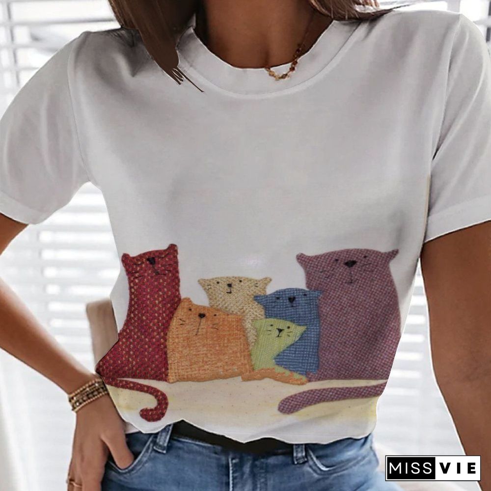 Summer 3D Cute Cat T-shirt Women's Round Neck Street Style Harajuku Loose And Comfortable Fashion Shirt