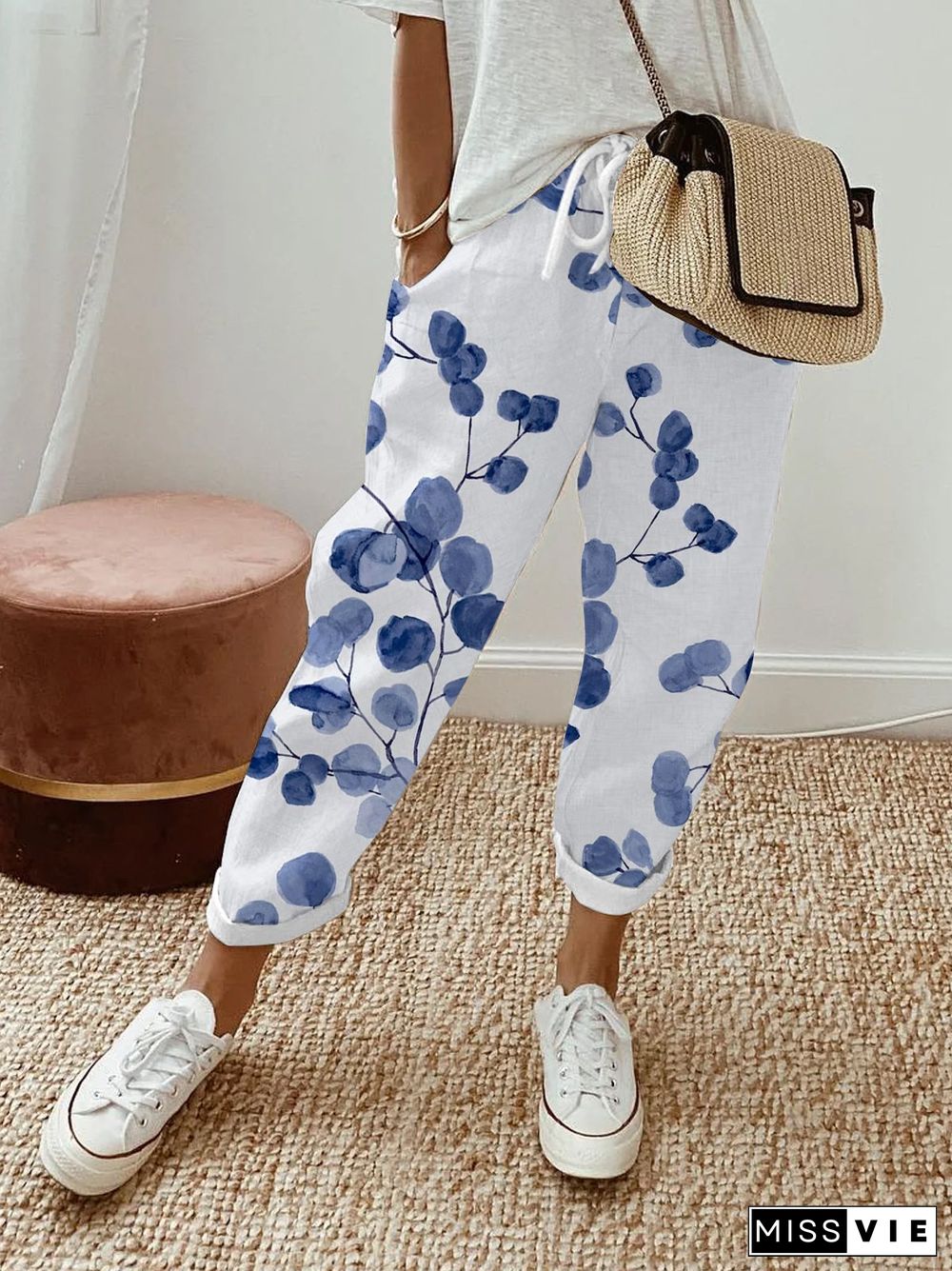 Women's Botanical Floral Design Print Lace-Up With Elastic Waist Loose Casual Pants