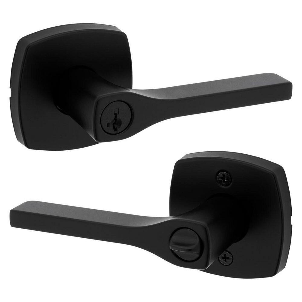 Kwikset Tripoli Matte Black Keyed Entry Door Lever with Soft Modern Rose Featuring SmartKey Security 740TPLMDT514SMT