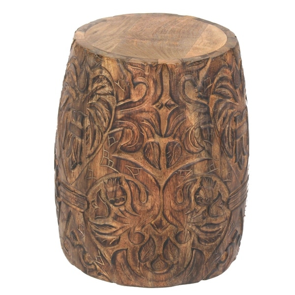 14 Inch Round End Table with Damask Carved Pattern and Wooden Frame， Walnut Brown