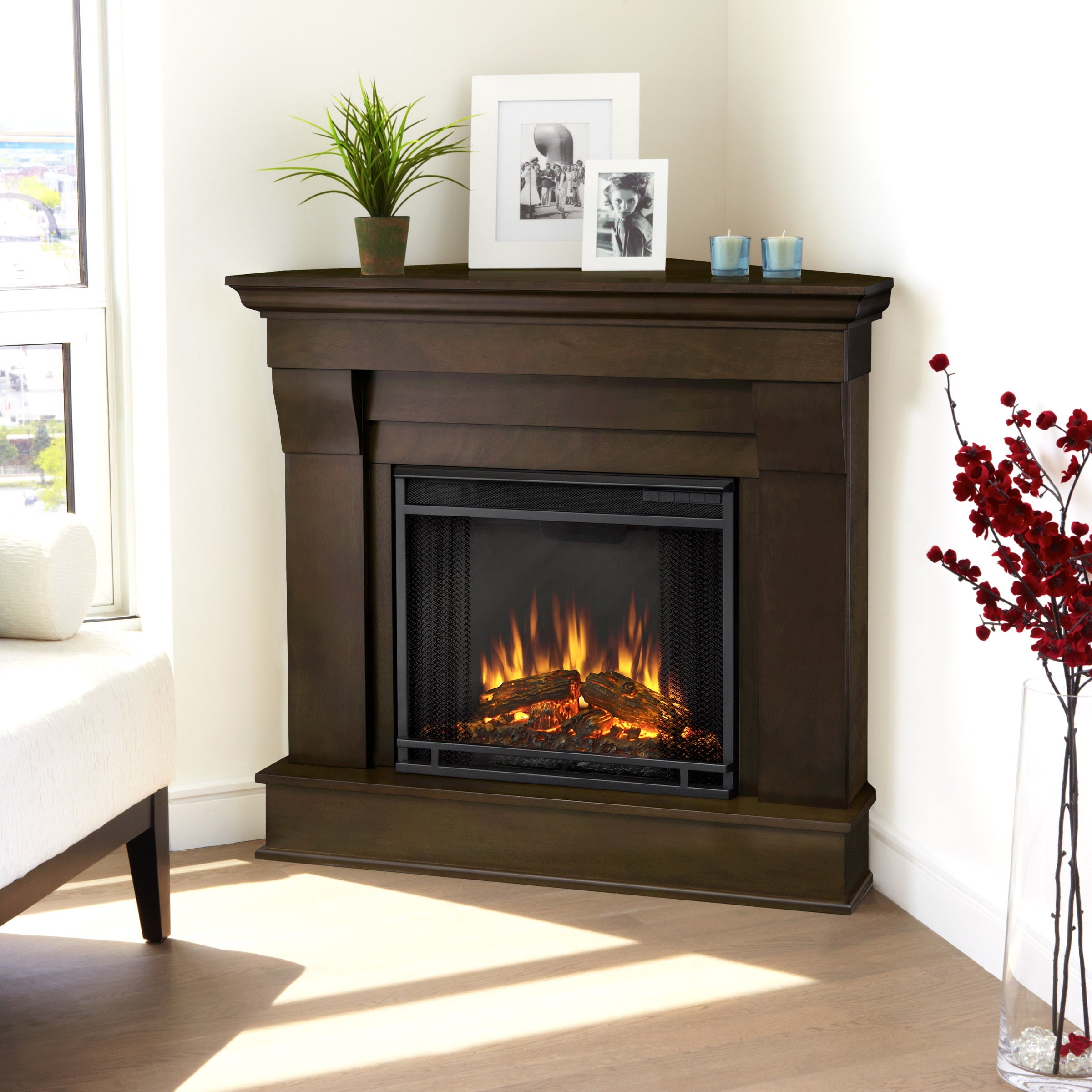 Chateau Corner Electric Fireplace in Dark Walnut by Real Flame