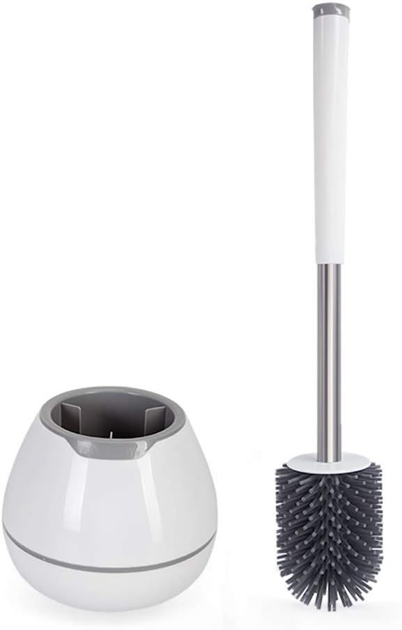 BOOMJOY Toilet Brush and Holder Set, Silicone Bristles Bathroom Cleaning Bowl Brush Kit with Tweezers, Bathroom Accessories with Aluminum Handle - White