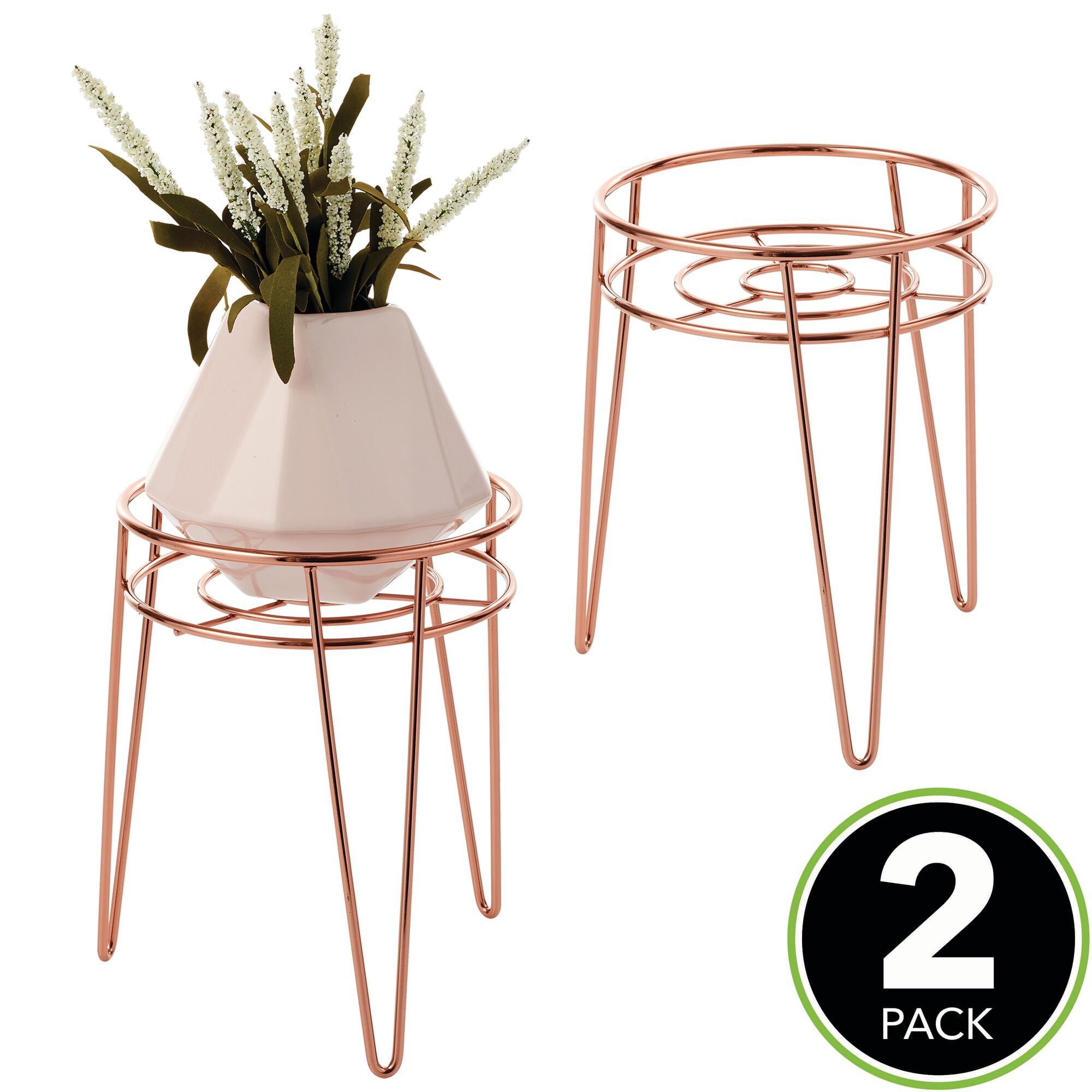 mDesign Midcentury Modern Flower, Plant and Succulent Stand Minimalist Planter - Metal Wire, Indoor, Outdoor Design Hairpin Legs - Sturdy - 9.23" Tall, 2 Pack - Rose Gold