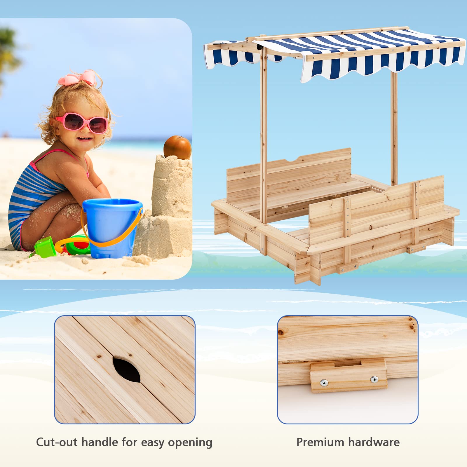 Costzon Kids Wooden Sandbox with Convertible Canopy, 2 Bench Seats w/Backrest, Children Outdoor Playset