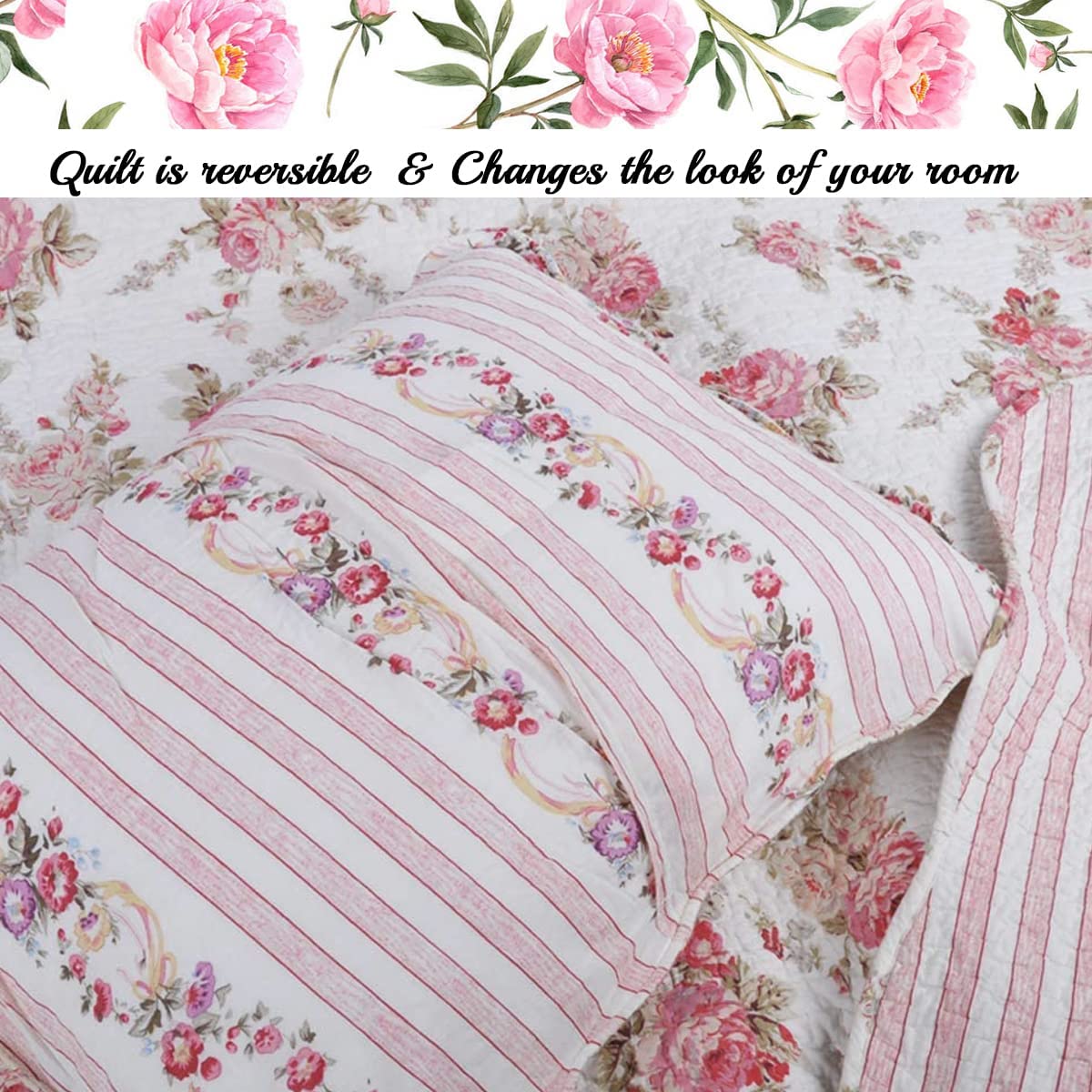 Cozy Line Shabby Chic Spring Rose 100% Cotton 3-Piece Quilt Set， Queen Set