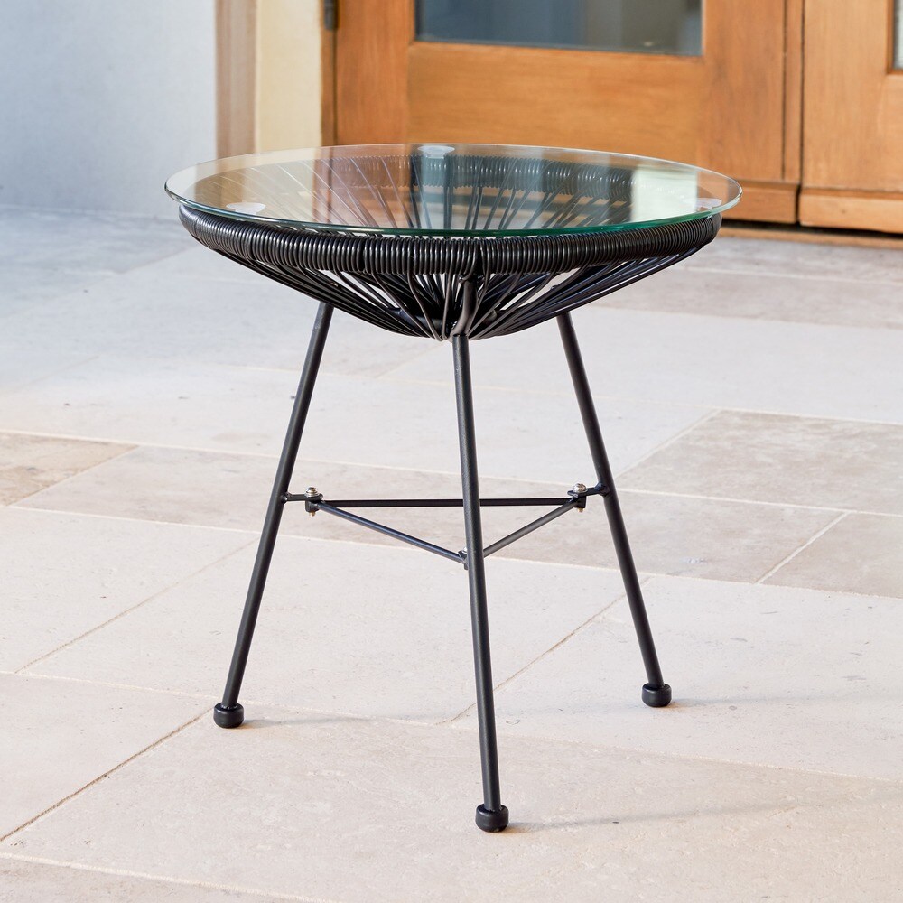 Corvus Sarcelles Modern Woven Wicker Patio Side Table with Glass Top