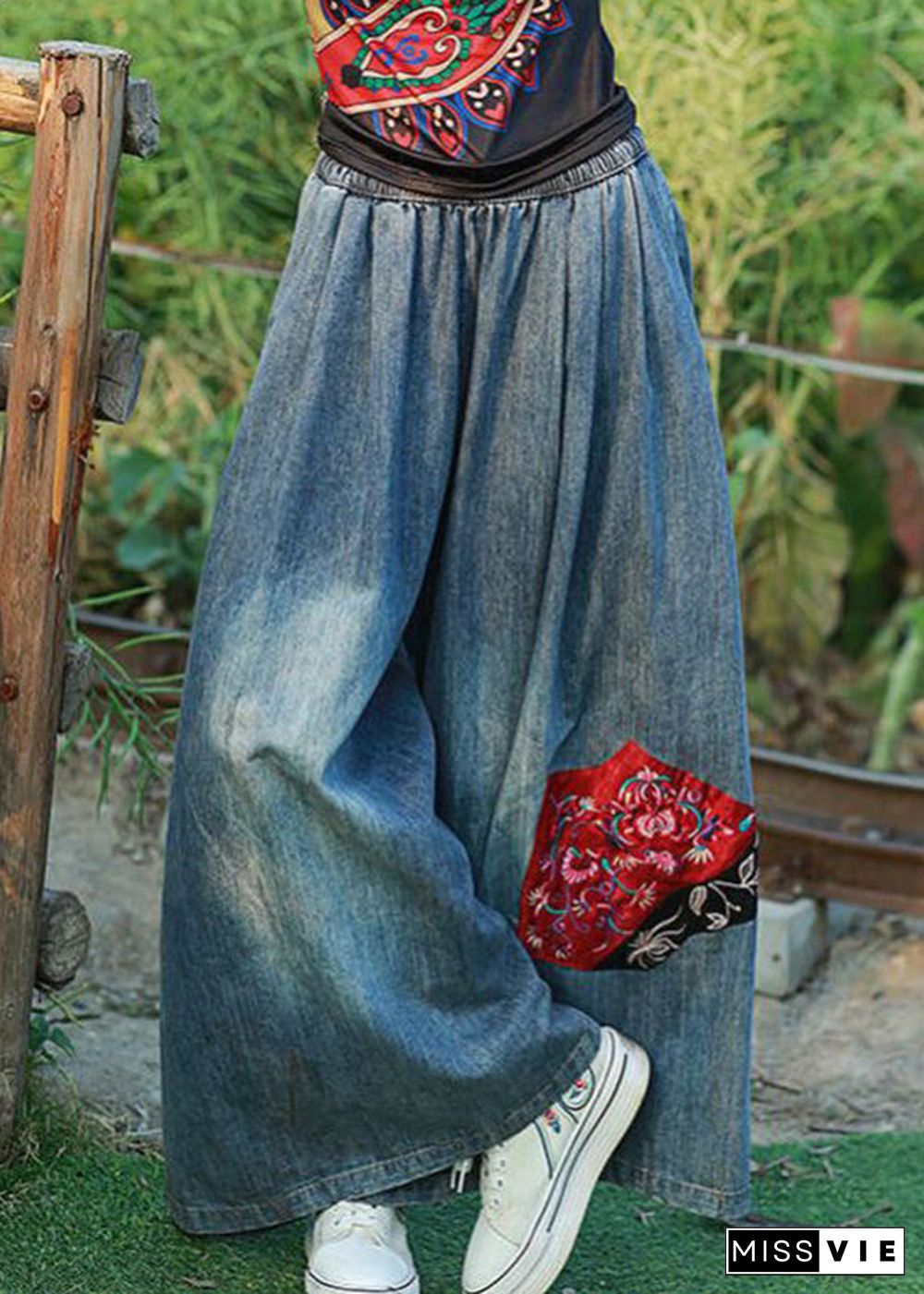 Bohemian Blue Embroideried Floral Pockets Elastic Waist Tie Waist Wide Leg Pants Summer