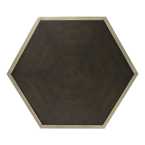 24” Gold and Brown Wood Contemporary Hexagonal Accent Table