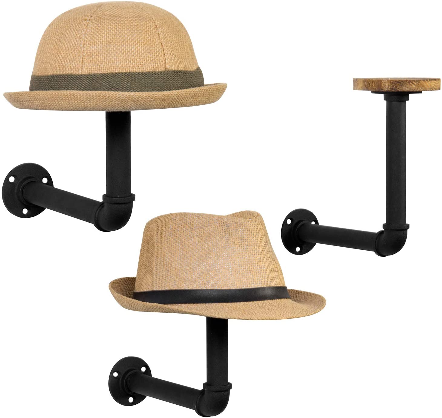 MyGift Set of 3 Black Metal Pipe and Rustic Brown Wood Wall Mounted Hat Racks