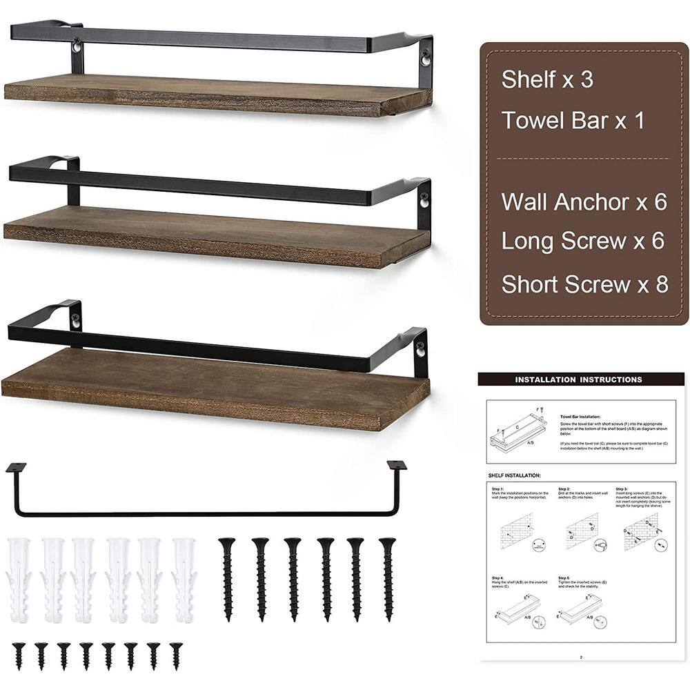 Indoor and Outdoor Dark Brown Wooden Wall Mounted Plant Shelves with 1 Towel Bar， Storage Organizer (Set of 3) B09YNJJVVB