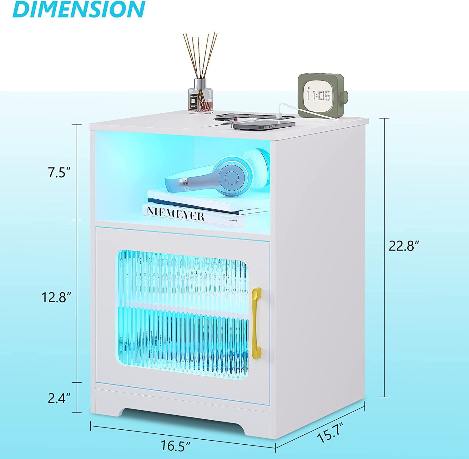 LED Nightstand with Wireless/USB/Type-C Charging Station Side Table for Bedroom Smart Bedside Tables with Large Storage-White