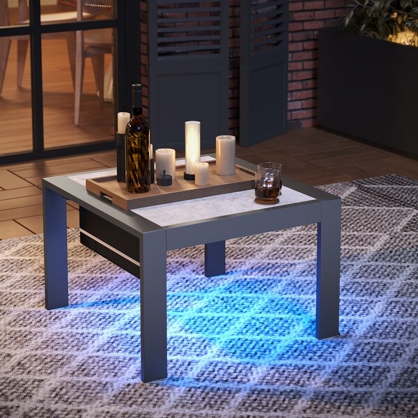 Aluminum Outdoor Side Table with LED Light and Marble Pattern Aluminum Table Top 23.6'' W X '23.6' L