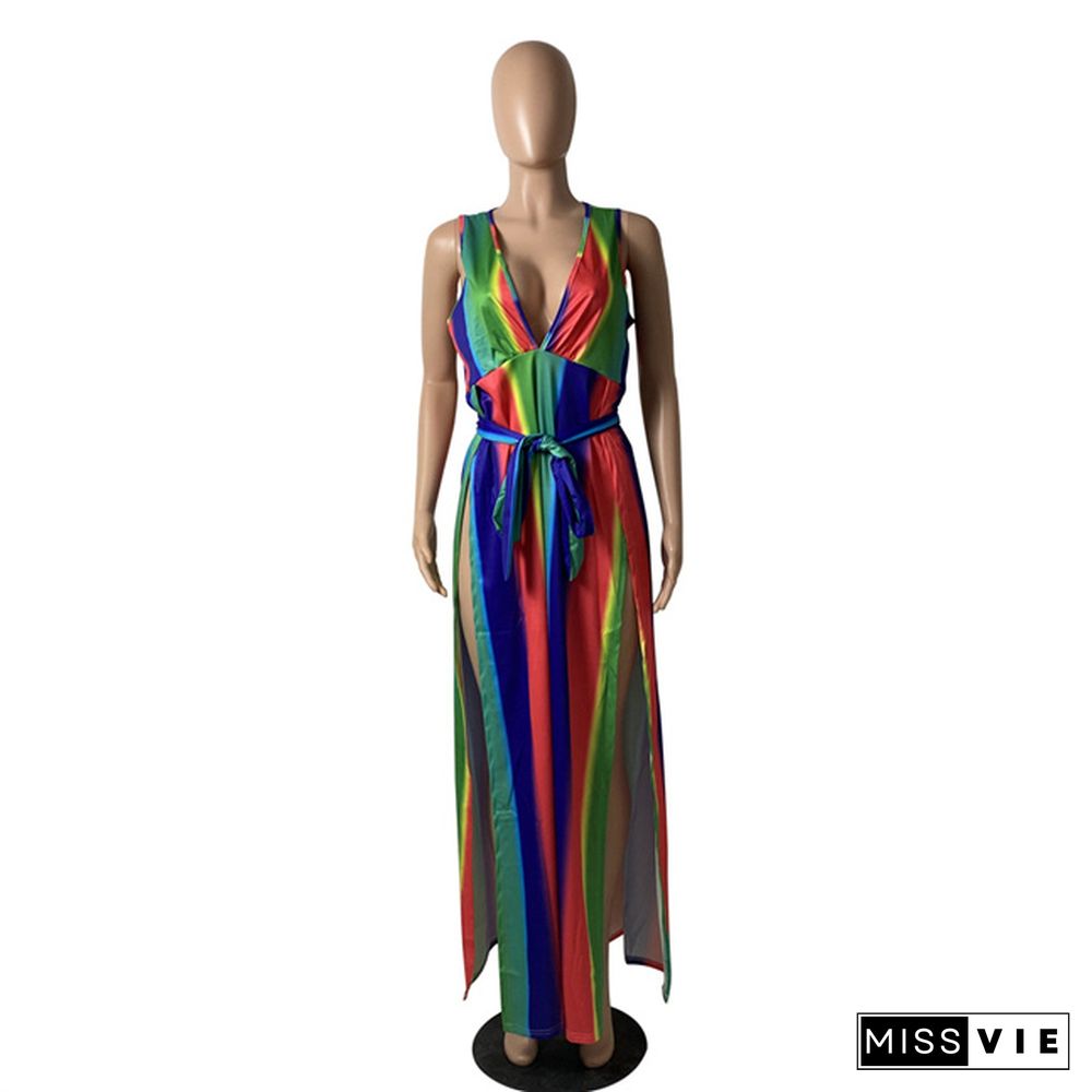 Women Elegant Rainbow Striped Print Sleeveless Summer Sexy Deep V Neck High Slit Maxi Long Dress