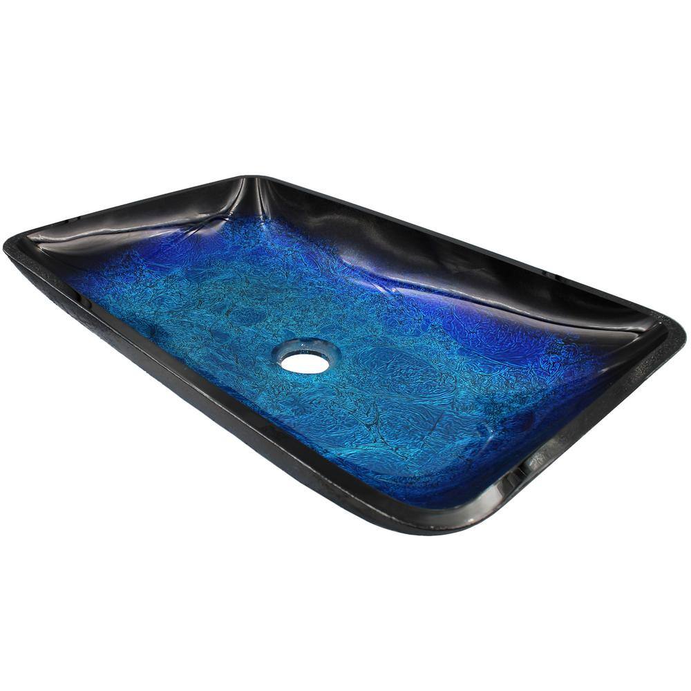 Novatto Fresca Glass Vessel Sink in Blue and Black with Pop-Up Drain in Matte Black NOHP-G19034MB