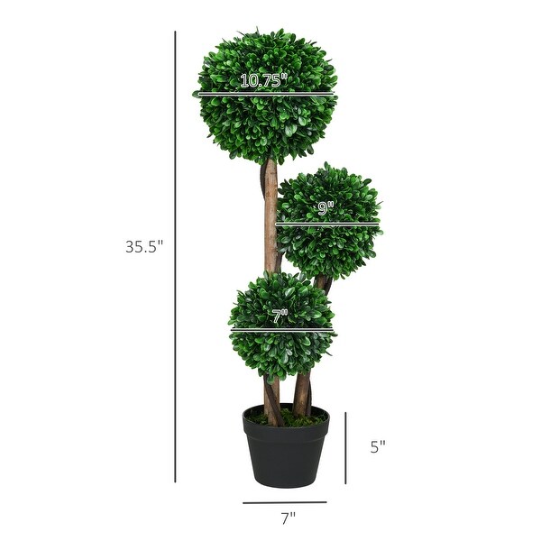 HOMCOM 3ft/35.5 Artificial 3 Ball Boxwood Topiary Tree with Pot，Indoor Outdoor Fake Plant for Home Office，Living Room Decor