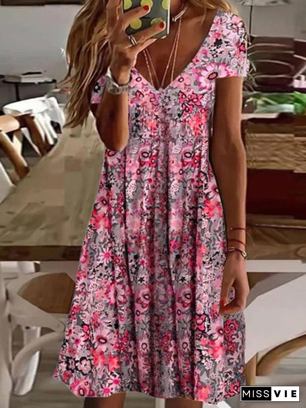 Floral Casual Regular Fit Short Sleeve Knit Dress