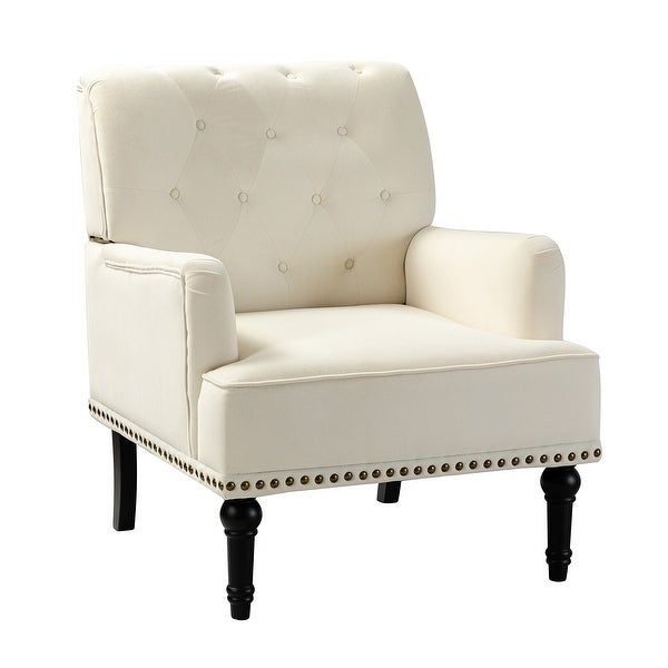 Geltrude Transitional Upholstered Button Tufted Club Chair with turned wooden Legs by HULALA HOME