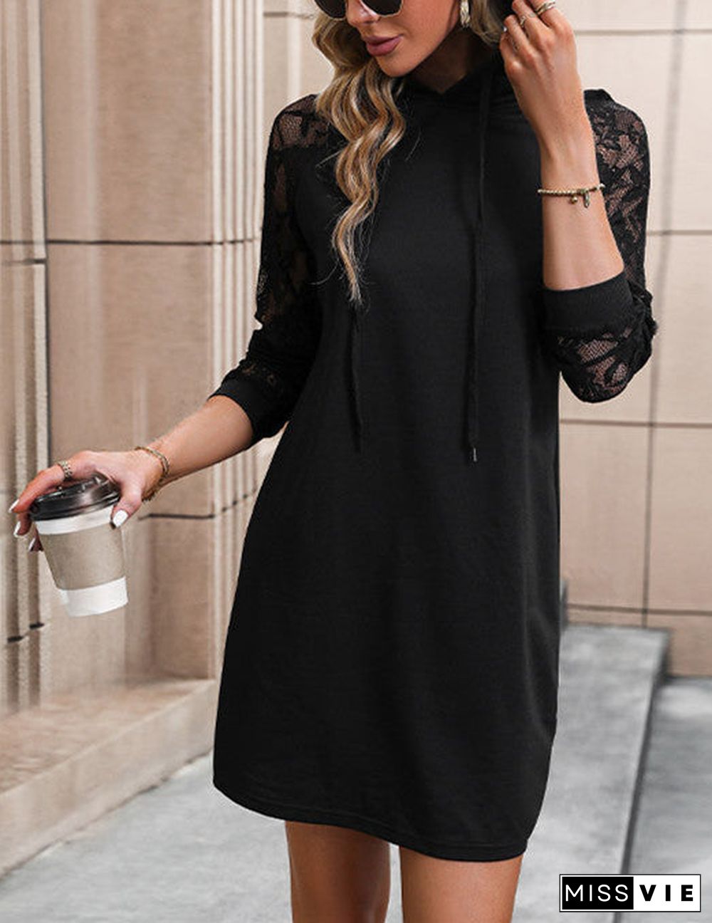 Sheer Lace Sleeve Hoodie Dress