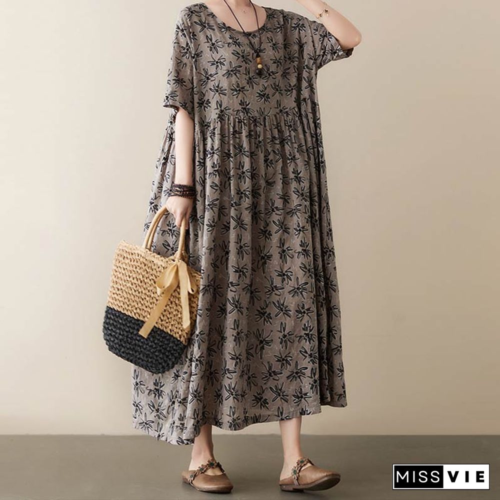 Vintage Floral Print Pocket Loose Linen Dress