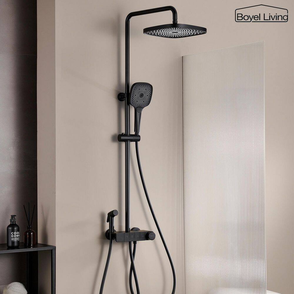 Boyel Living 3-Spray Patterns with 2.5 GPM 10 in. Wall Mount Dual Shower Heads with Thermostatic Valve and Tub Spout in Matte Black BL-H4002-MB