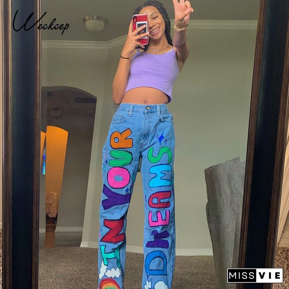 Weekeep Letter Print Fashion Streetwear Jeans Women High Waist Baggy Vintage Straight Trousers Leisure Female Cargo Denim Pants