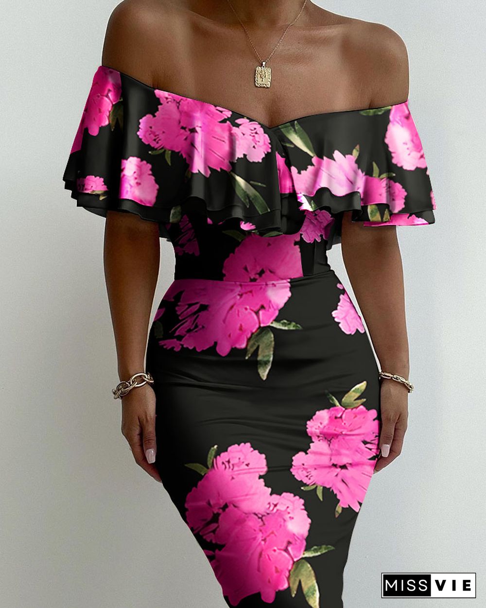 Floral Print Off Shoulder Ruffles Skinny Dress