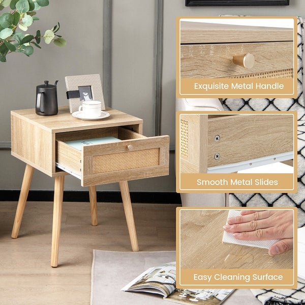 Gymax 2 PCS Nightstand Bedside Sofa Table with Rattan Drawer for