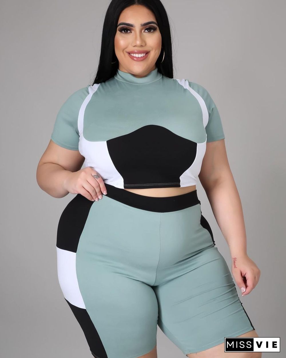 Women Plus Size Set Patchwork Short Sleeve Crop Tops Stretchy Shorts Tracksuit Summer Two Piece Outfits