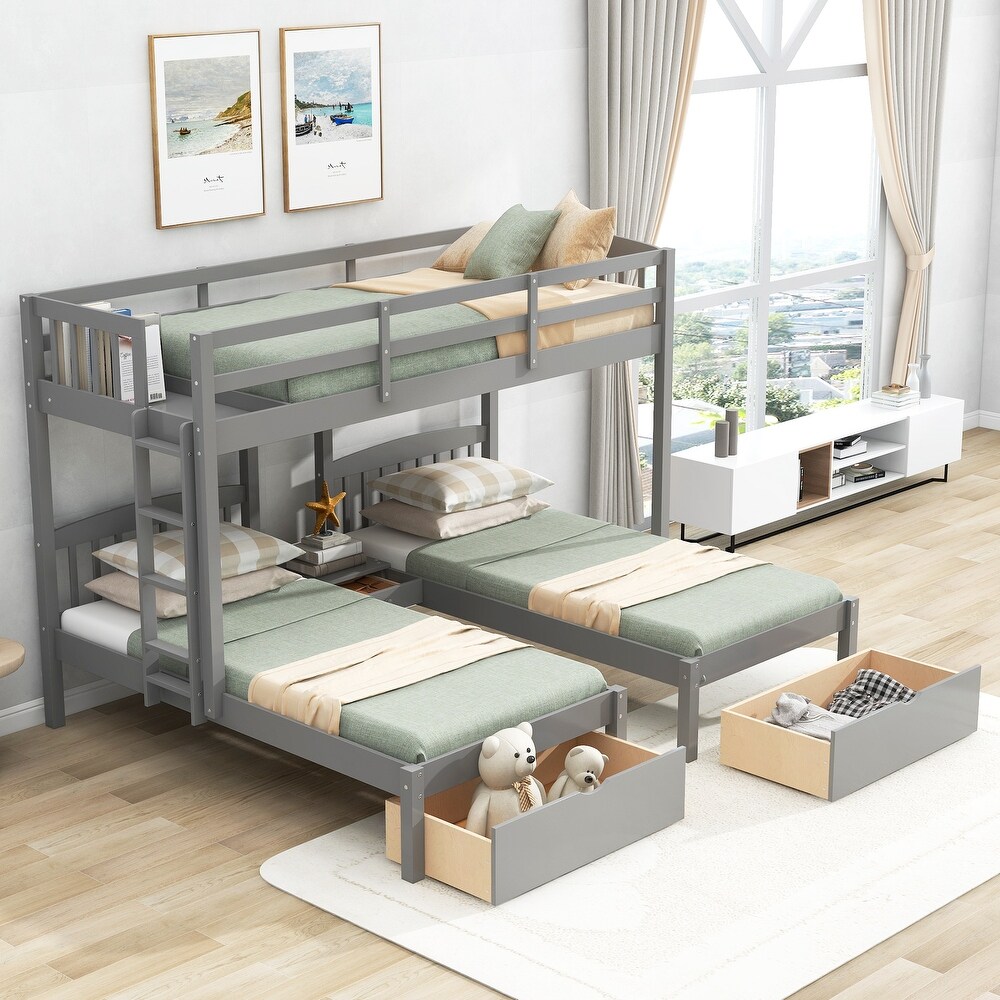 Gray Full over Twin   Twin Bunk Bed Triple Bunk Bed with Drawers