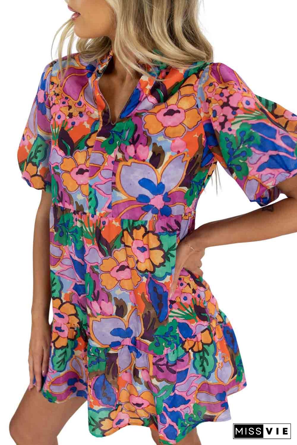 Multicolor Floral Print V Neck Puff Sleeve Mini Dress