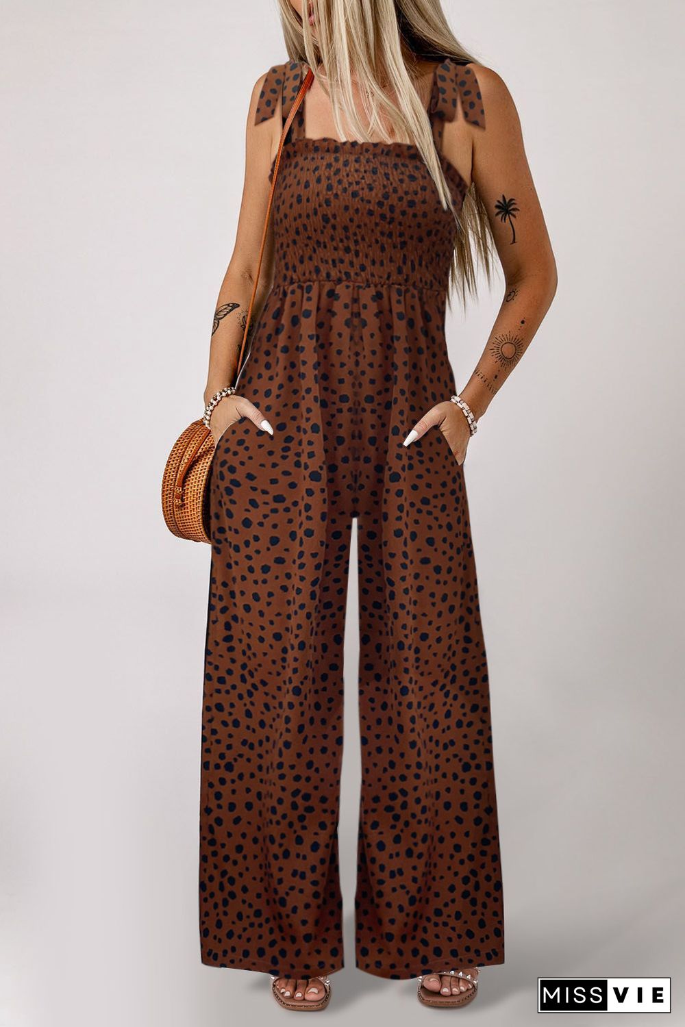 Brown Cheetah Print Smocked Wide Leg Jumpsuit