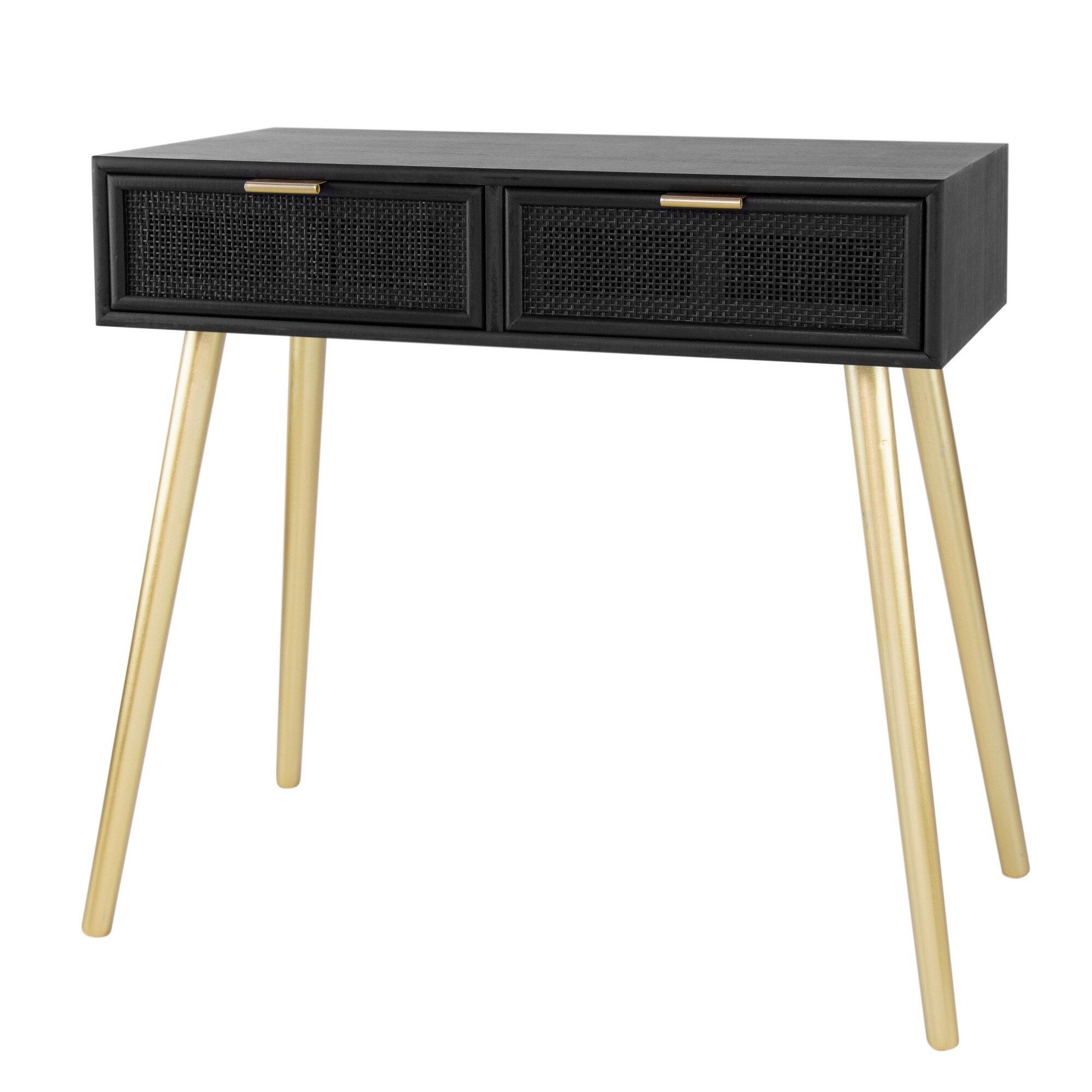 Pia 32 Inch Wood Console Table， 2 Drawers， Woven Rattan Design， Black， Gold