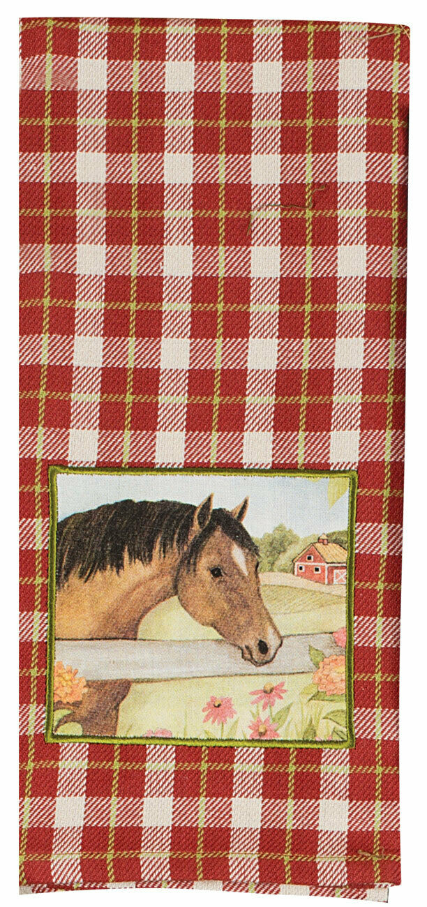 Set of 2 Grace and Beauty PLAID HORSE Applique Kitchen Towels by Kay Dee Designs