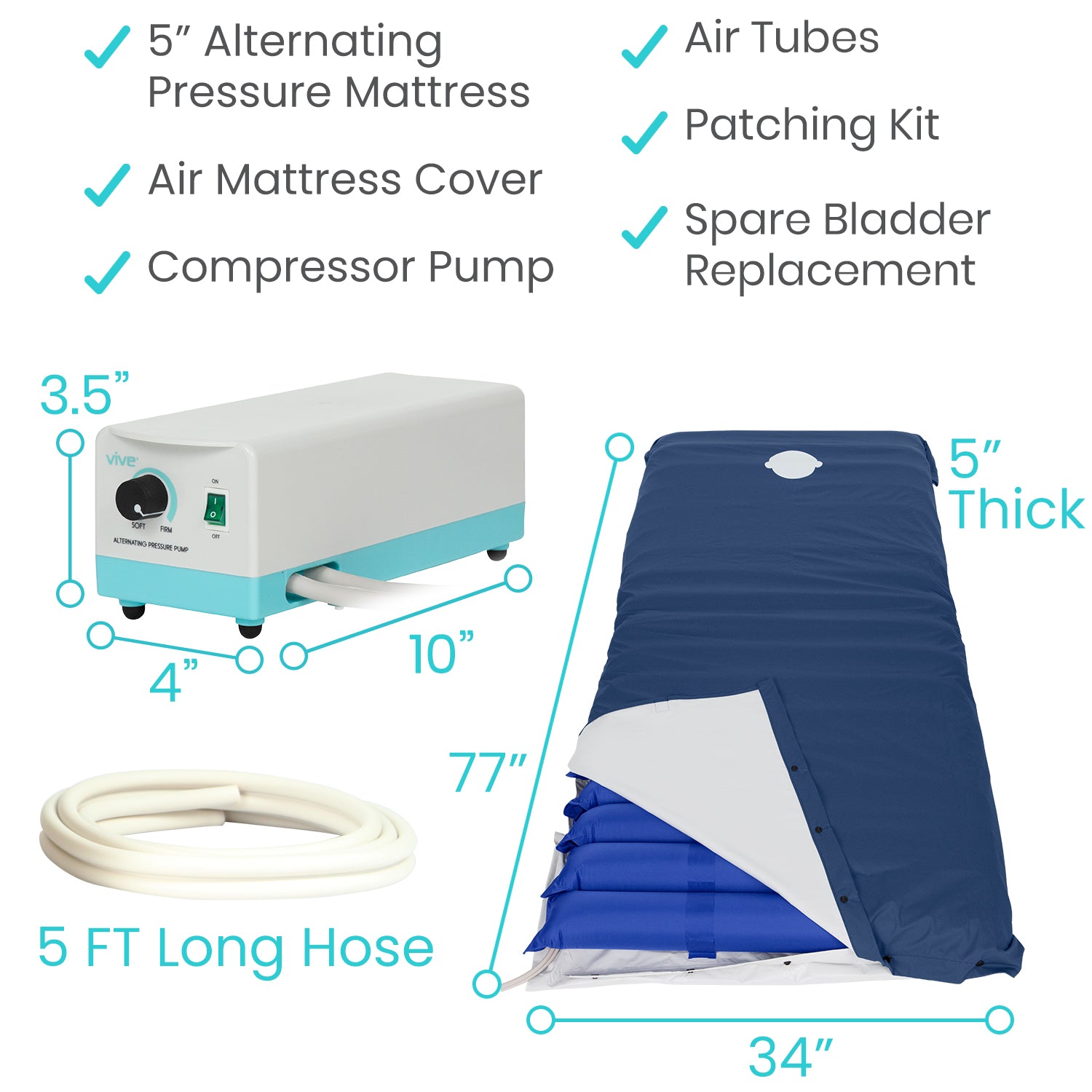 Vive Alternating Pressure Mattress 5” -  Air Topper Pad with Electric Pump