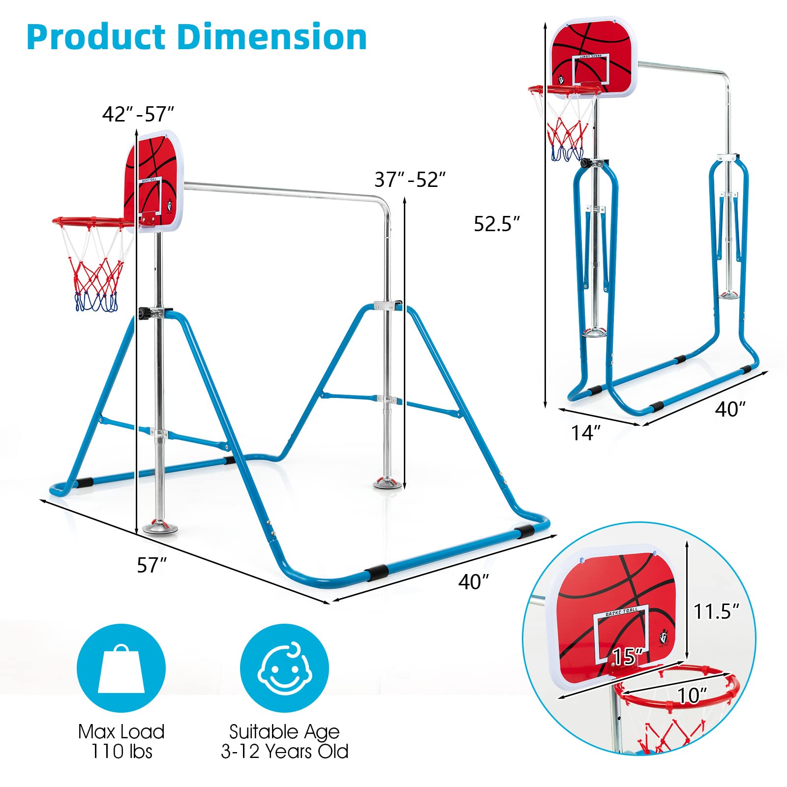 Costzon Kids Gymnastics Bar with Basketball Hoop