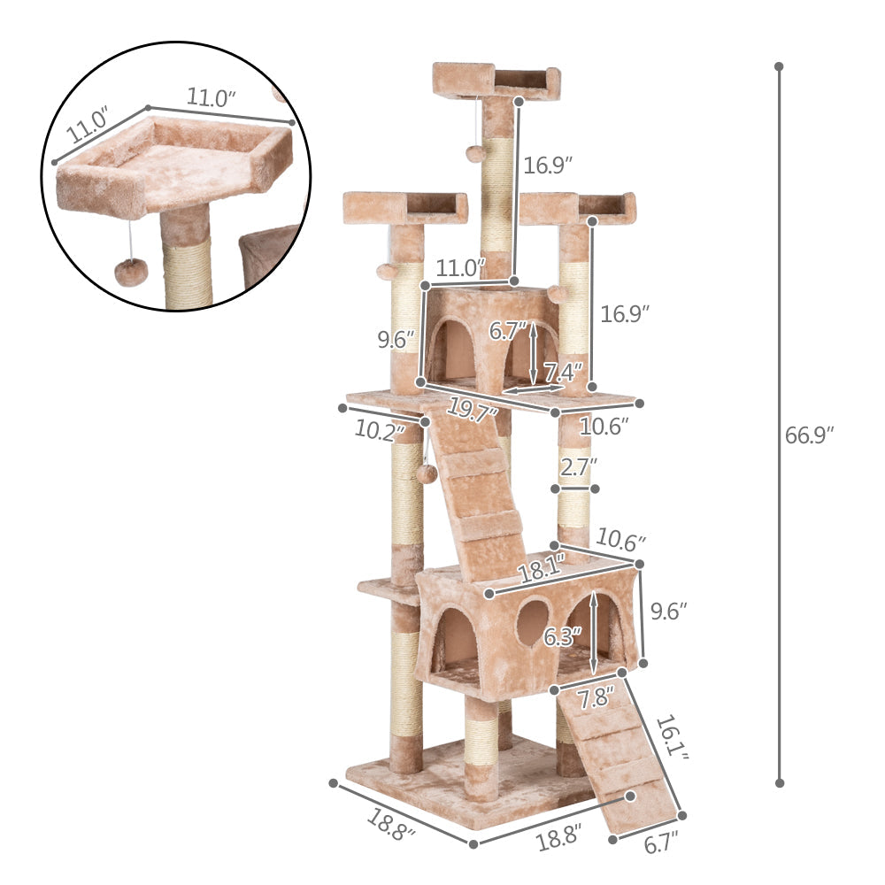 Pefilos 66" Cat Tree, Multi-Level Play House Climber Activity Centre, Cat Tower Stand Furniture with Scratching Posts Dangling Ball, Cat Condo for Kittens Cats and Pet, Beige