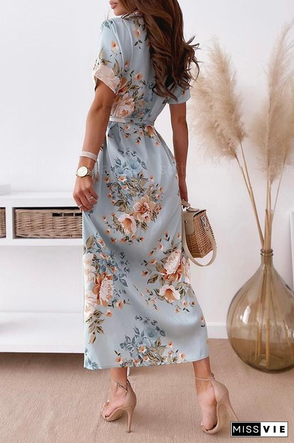 Vacation Print Short Sleeve Shirt Dress