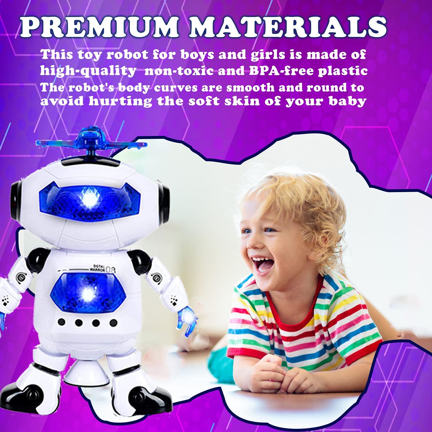 Toysery walking Robot for kids - 360° Body Spinning Dancing Robot Toy with LED Lights Flashing and Music， electronic learning toy robot